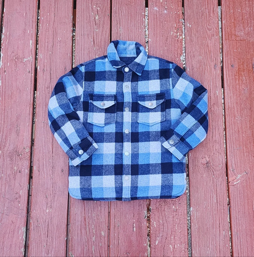 GAP Kids Boy's Work Shirt Jacket Shacket Lined Insulated Plaid Blue Gray, Size M
